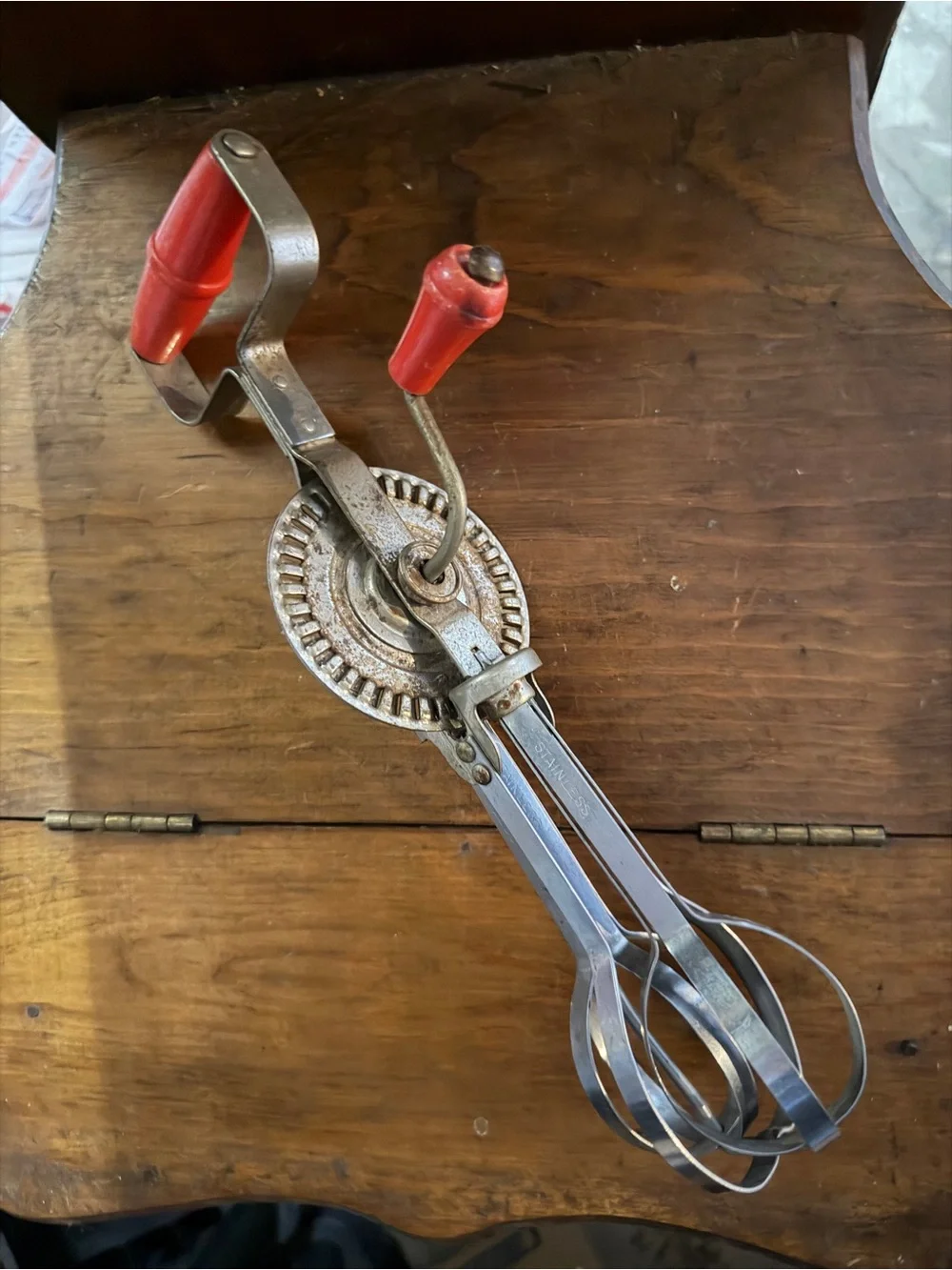 Vintage Hand-Crank Egg Beater with Red Handles